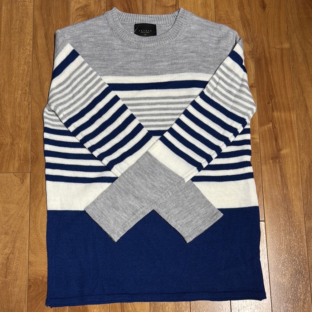 Stylish Gray and Blue Striped Sweater